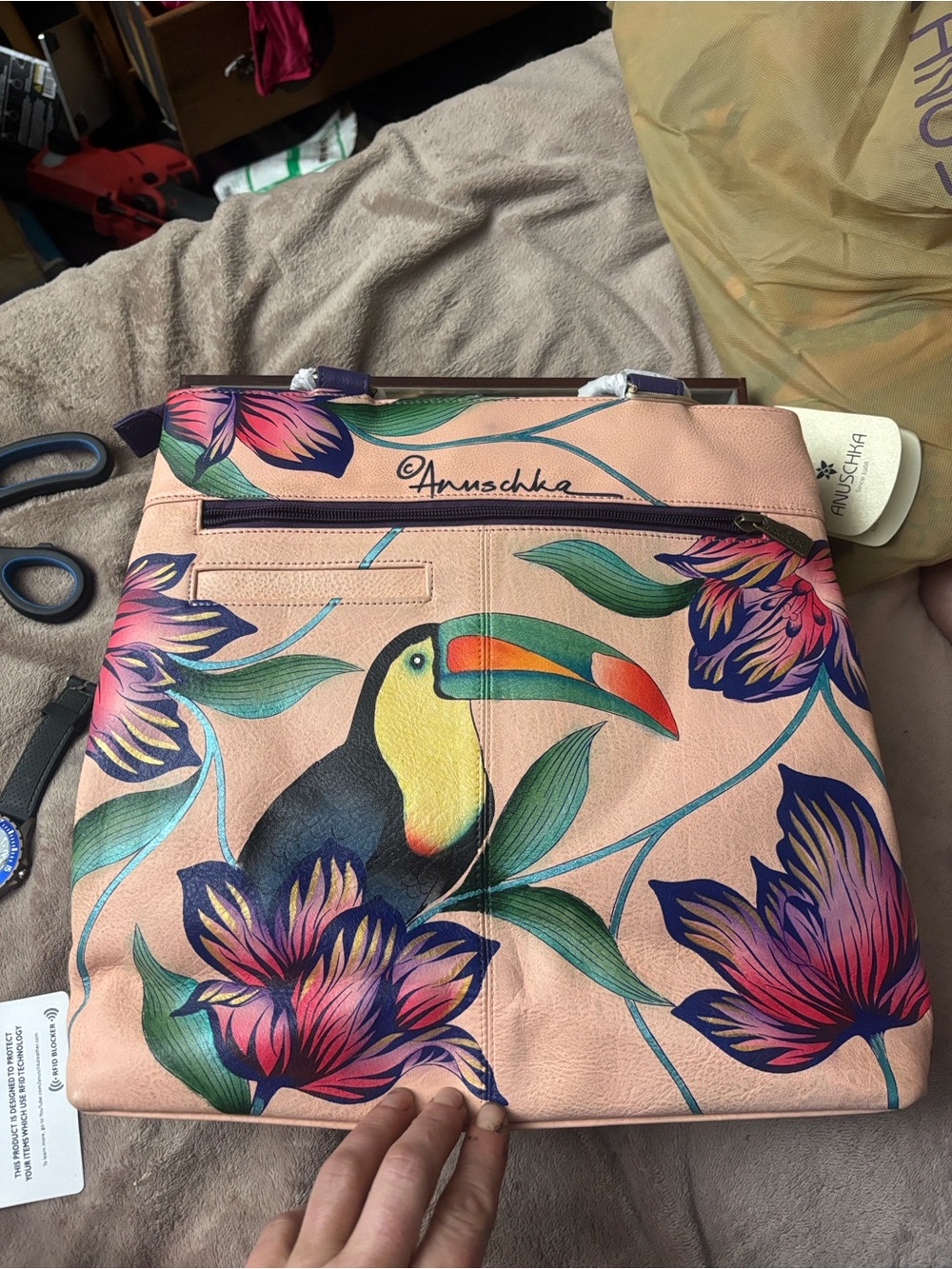 Anna by Anuschka Hand Painted Leather Large Shopper Tote Bag Tropical Toucan